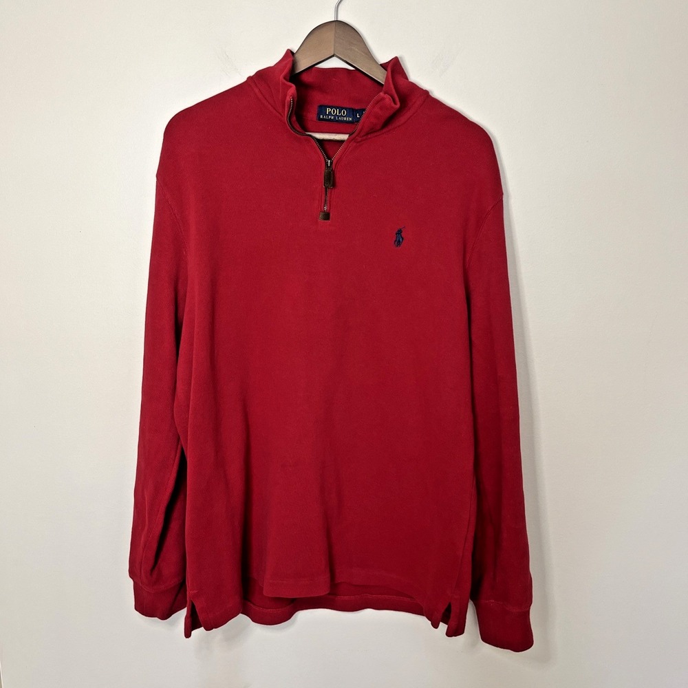 Polo Ralph Lauren‎ Men's Luxury 1/4 Zip Sweater Dark Red Large Blue Pony Cotton